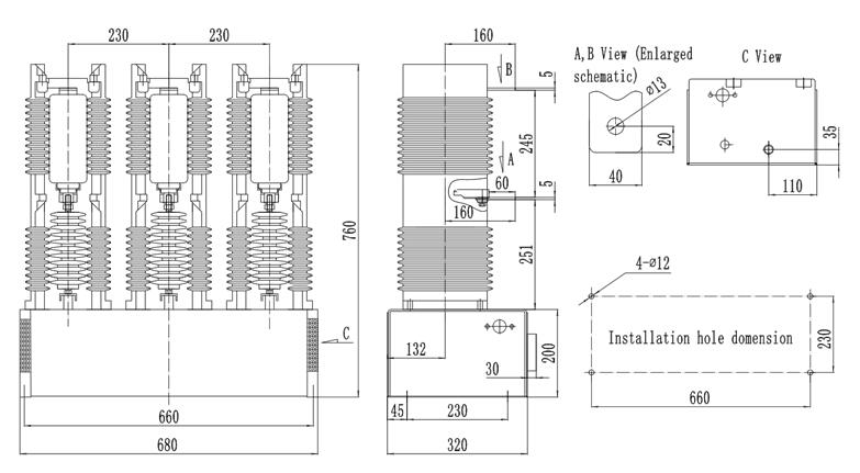 LHVC24-160/250/400/630-3 AC high voltage vacuum contactor outline dimension