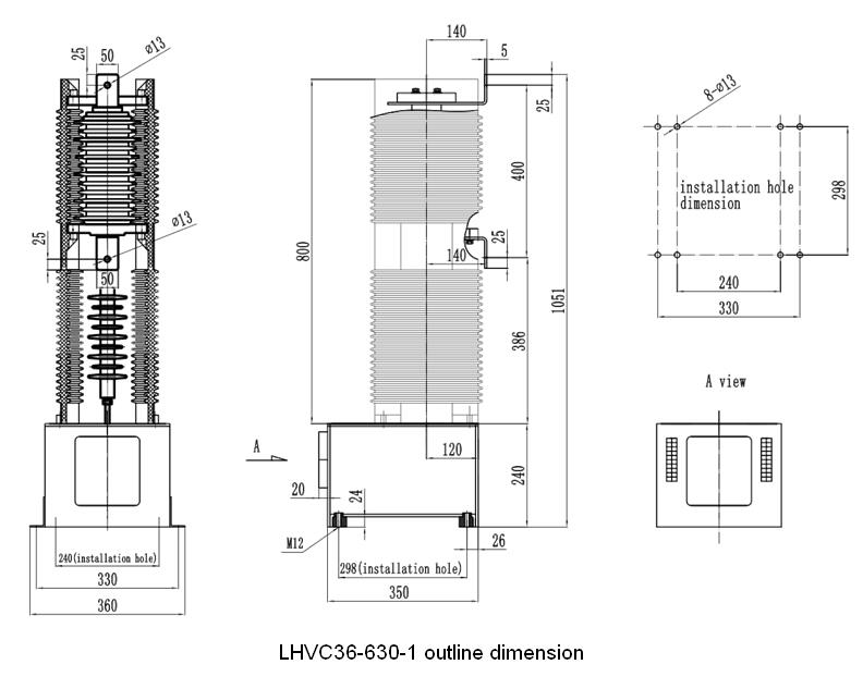 LHVC36-160/250/400/630-1 AC high voltage vacuum contactor outline dimension